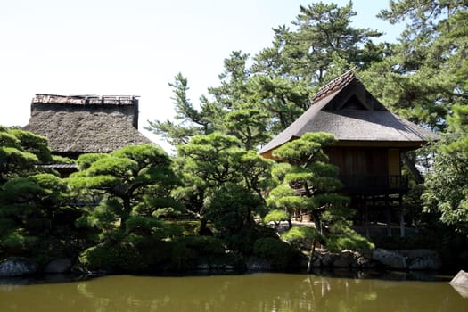 View of Japanese garden with rest house
