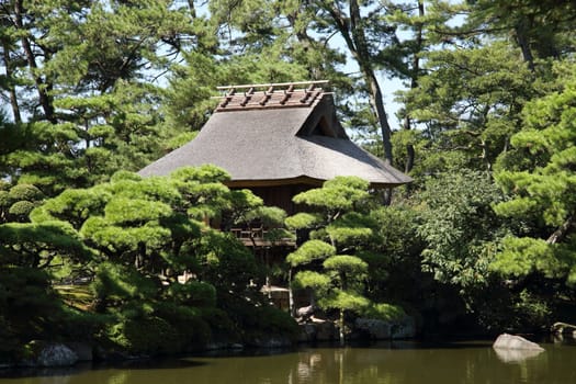 View of Japanese garden with rest house