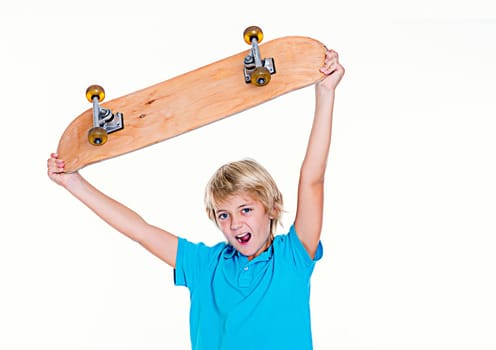 happy boy in blue dress with skateboard