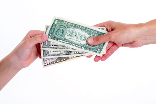 two hands with money in front of white background