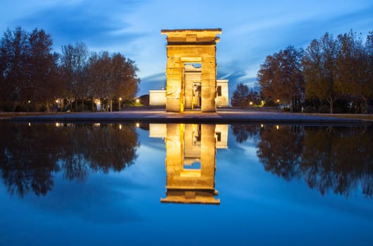 Temple of Debod at dusk. Ancient Egyptian temple which was dismantled and rebuilt in Madrid, Spain