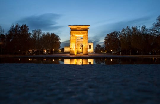 Temple of Debod at dusk. Ancient Egyptian temple which was dismantled and rebuilt in Madrid, Spain