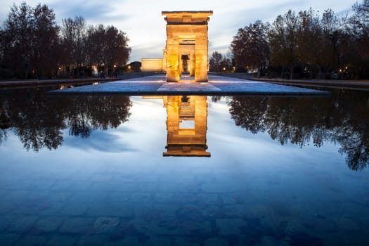 Temple of Debod at dusk. Ancient Egyptian temple which was dismantled and rebuilt in Madrid, Spain