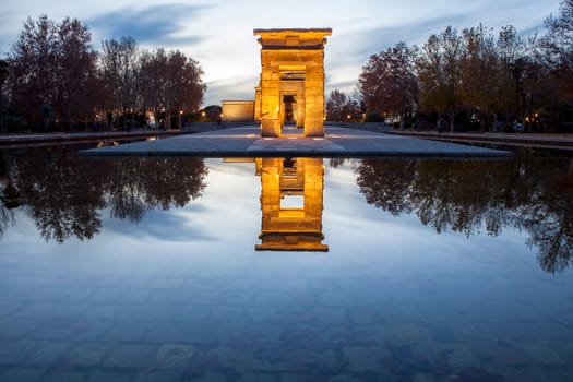 Temple of Debod at dusk. Ancient Egyptian temple which was dismantled and rebuilt in Madrid, Spain