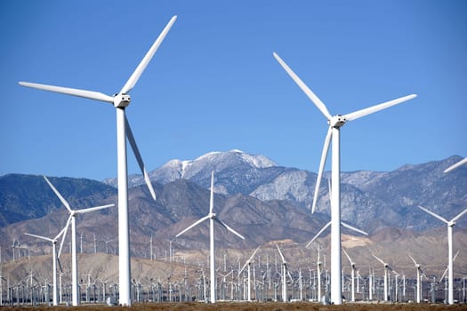 A wind turbine park in a trough off San Jacinto Peak and Berg-San Jacinto near Palm Springs.