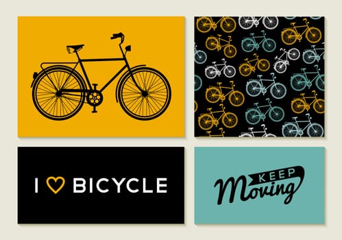 Bike concept set retro seamless pattern, poster and label elements with bicycle outline silhouettes text quotes. EPS10 vector.
