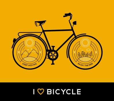 Bicycle concept poster design, retro bike outline silhouette in line art style with nature mountain elements and motivation quotes. EPS10 vector.