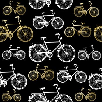 Bike seamless pattern, elegant concept design with bicycle outline silhouette in gold color. EPS10 vector.