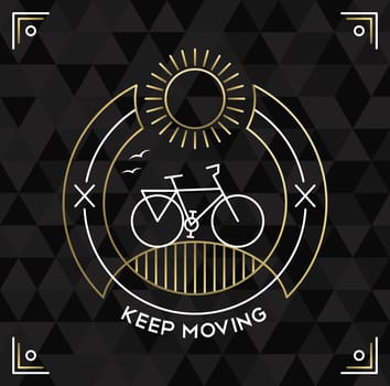 Bike concept poster design, line art bicycle outline in gold color with label and low poly grid background. EPS10 vector.