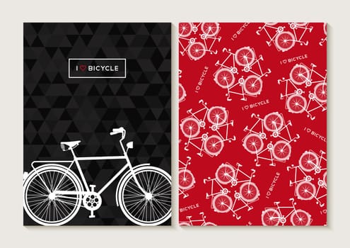 Bicycle concept retro set. Seamless pattern, poster design with bike outline silhouette and text label. EPS10 vector.