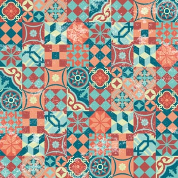 Traditional oriental mosaic seamless pattern background, patchwork design with grunge texture. Ornamental geometric elements. EPS10 vector.  .