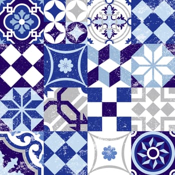 Vintage patchwork seamless pattern background with traditional blue tile decoration, classic mosaic style. EPS10 vector.