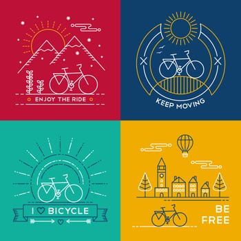 Set of bike poster designs in colorful line art style. Bicycle text quotes, nature, mountain and city elements. EPS10 vector.