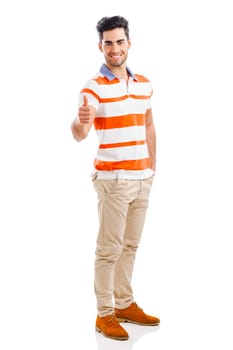 Portrait of handsome young man with thumbs up, isolated over a gray background