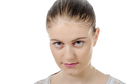 a young woman with hair tied , looking camera, on white background