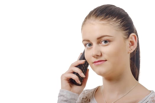 a young elegant woman talking on  phone isolated on white background