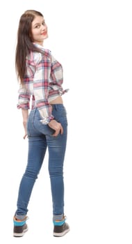 a pretty young woman standing on white background, back view