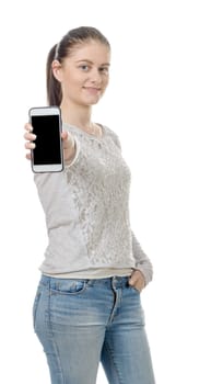 a happy young woman showing blank smartphone screen