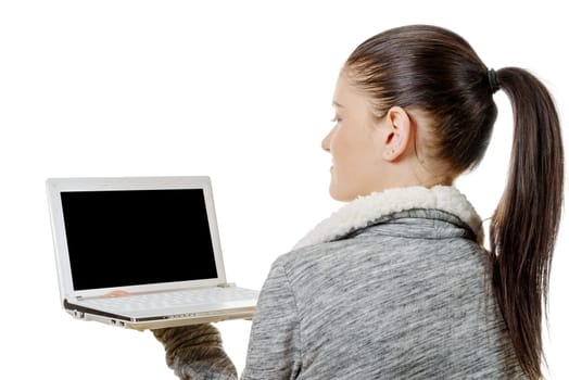 a portrait of beautiful girl using laptop with black screen