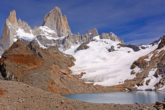 Spectacular Alpine Panorama of Mount Fitz Roy and Third Lake in the Patagonian Andes in Argentina