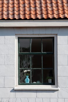 Vase with flowers behind the window glass
