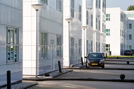 Backside of white office buildings