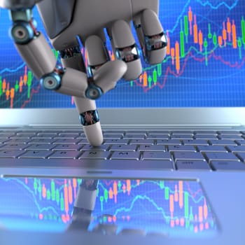 Robot hand, ordering on a laptop keyboard, an exchange trade. Robot trading system is a computer trading program that automatically submits trades to an exchange without any human interventions. Depth of field with focus on finger.