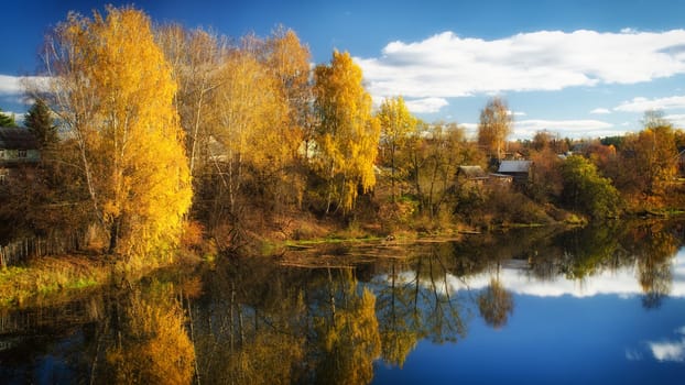 Golden autumn on river bank in park