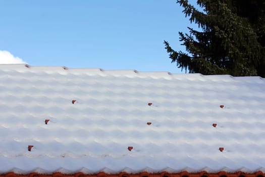 Snow catch hookon on the roof of a house in winter