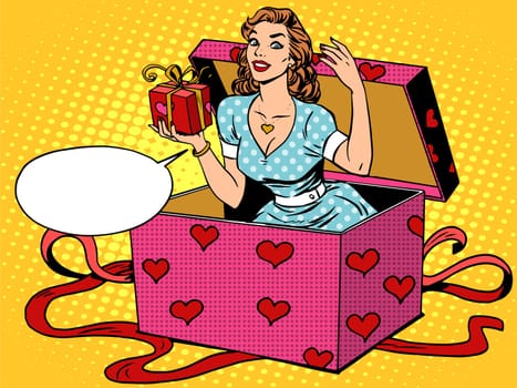 Valentine girl love romantic wedding surprise box pop art retro style. A holiday or celebration. Gift and good mood. Romance and relationships men and women