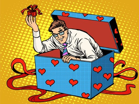 Man Valentine day surprise box love gift pop art retro style. Wedding and romance. Husband gift