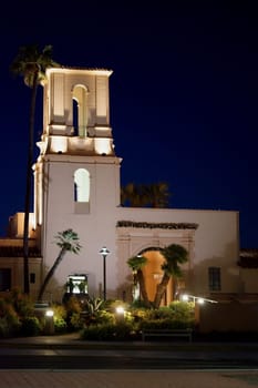 San Diego,United States – December 25,2015: The palm-lit entrance and tower of The Headquarters of Seaport shopping center in the early hours of December 25,2015 in San Diego.