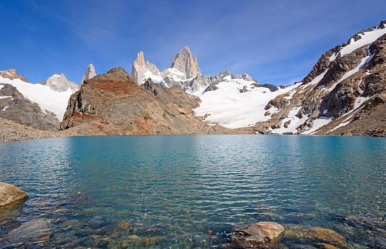 Mt Fitz Roy above the Lagoon de los Tres in the Patagonian Andes Los Glaciares National park in Argentina