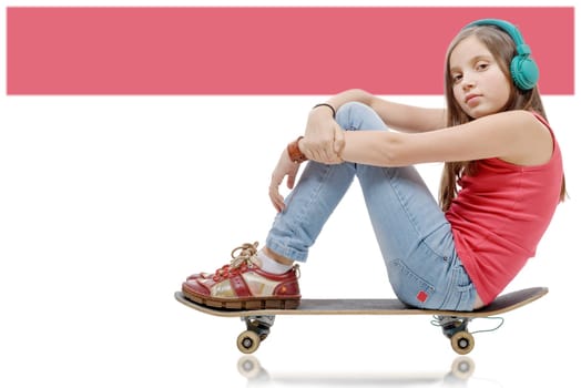 a pretty younggirl posing with a skateboard, seat on skate