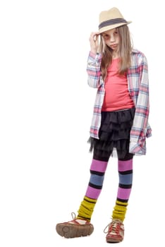 a young girl in hipster style . Girl isolated on white background.