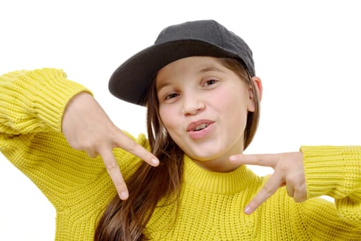 a street style hipster girl with hat and yellow pullover on white background.