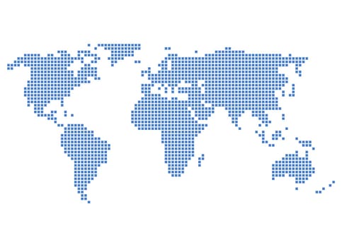 Simplified world map of blue dots on a white background