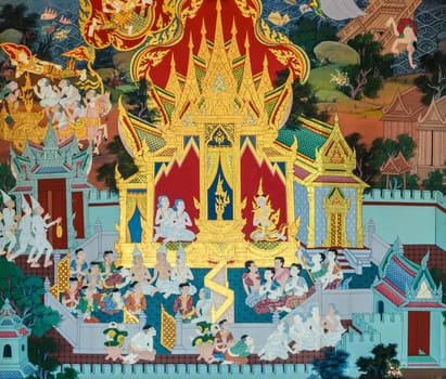 Ancient Buddhist temple mural painting of the life of Buddha in Ayutthaya, Thailand
