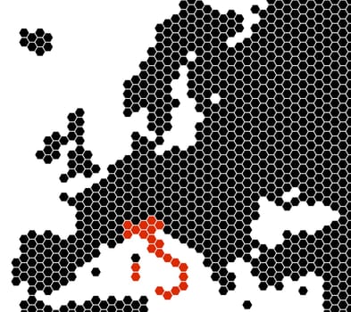 Black isolated map of Europe from hexagons - Italy