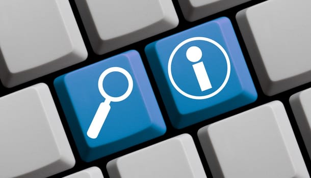 Blue keyboard with magnifying glass shows search for information