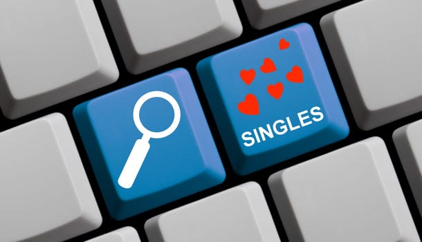 Blue keyboard with magnifying glass shows search for singles