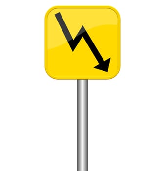 Yellow unlocked sign points down arrow