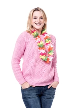 Pretty woman with colourful flower garland on her neck