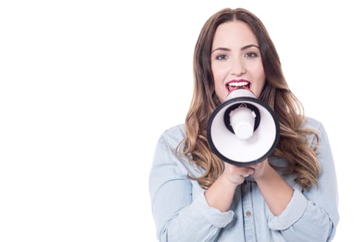 Picture of a attractive woman advertising over megaphone