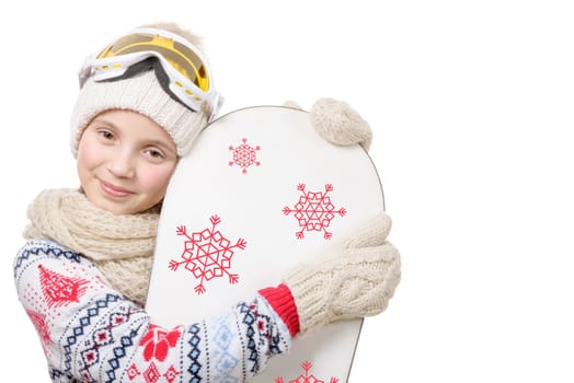 a portrait of a happy young girl snowboarding