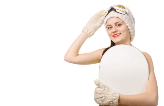 a beautiful sexy woman with a snowboard in studio
