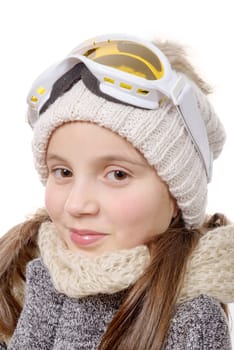 a portrait of a happy young girl snowboarding