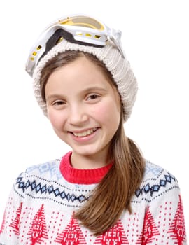a portrait of a happy young girl snowboarding