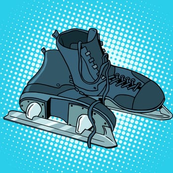Men skates winter sports pop art retro style. Hockey and figure skating, running on ice. Sports equipment