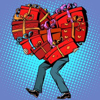 Male gifts Valentines day heart pop art retro style. Love romance and relationships. Box gift heart shaped. Discounts and holiday sales. Wedding and birthday